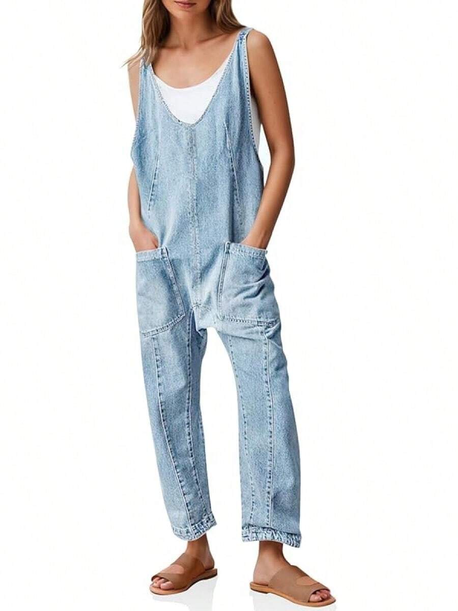 Women's Denim Overall Jumpsuits Sleeveless V Neck Adjustable Straps Jeans Long Pants Rompers