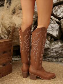 FVPFVP 复古刺绣西部牛仔靴，女式2025年夏季新款马靴，粗跟，棕色长靴，修身女鞋