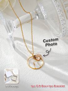 Customized Double-Sided Photo Necklace, Stainless Steel Women Cat Silhouette Pendant Necklace, Customized Pet Photo, Family Photo, Pet Memorial Gift, Gift For Friends, Birthday Gift, Thanksgiving Gift, Easter Gift