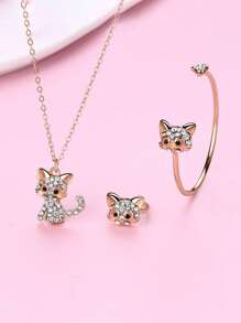 1 Stück Halskette, 1 Stück Armband, 1 Stück Ring, Studenten Katze Zinklegierung Pink Oil Drop transparentes weißes Acryl Strass vergoldetes süßes Schmuckset, geeignet für den täglichen Gebrauch