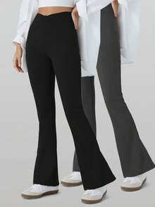 RUNONWHEELS 5 2条装女士提臀瑜伽紧身裤，高腰喇叭裤日常健身运动紧身裤，女士高腰交叉设计喇叭紧身裤适合搭配紧身裤 - 彩色 - 查看 7