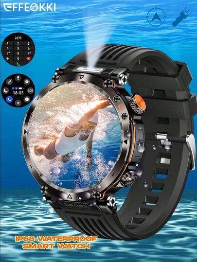  Effeokki 1.7 Inch Large Round Screen Rugged Smartwatch For Men With Wireless Calling, IPS Display, Altitude Air Pressure, Compass, LED Flashlight, 600mAh Large Battery, IP68 Waterproof, 100+ Sports Modes, Fitness Tracker Compatible With Iphone Android Phone