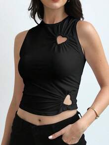 个性女童黑色针织吊带背心，露脐短款，心形镂空设计，圆领，中等弹力，适合休闲穿着 - 黑色 - 查看 8