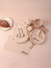 8PCS Personalized Customization Name Children Silicone Dinner Set Custom Kids Tableware Portable Utensils Non-Slip Placemat Suction Bowl Dishes Plate Adjustable Bib Sippy Cup With Lids - Multicolor - View 4