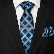 男士蓝色格子条纹领带、口袋巾、银色领带夹、袖扣和翻领别针组合套装，适用于职场、商务、谈判、婚礼、毕业等场合 - 藍色 - 查看 5