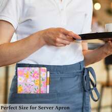 Cute Waitress Book With Money Pocket, Leather Server Book With Zipper Wallet, Black Serving Organizer Fits Server Apron - Pink Flowers - 查看 6