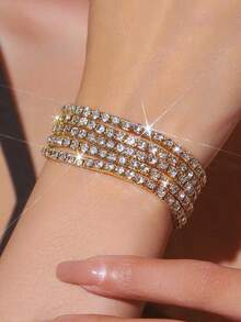 5 件闪亮水钻弹性手镯，派对闪亮可调节弹性手链，优雅的女士礼物 - 金色 - 查看 3