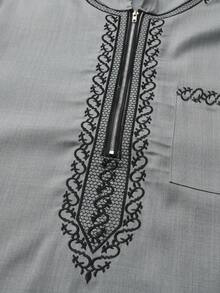 Loose Muslim Men's Robe, Short Sleeve Embroidered Hooded Zip-Up Robe, Islamic , Men's Casual Long Robe - Grey - View 7