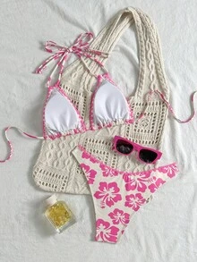 女士新款西式时尚沙滩度假休闲碎花露背比基尼两件套泳衣夏季