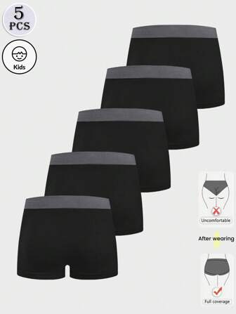 5 件男童纯黑色撞色字母柔软无缝弹力三角裤，休闲运动学生风格基本款内衣