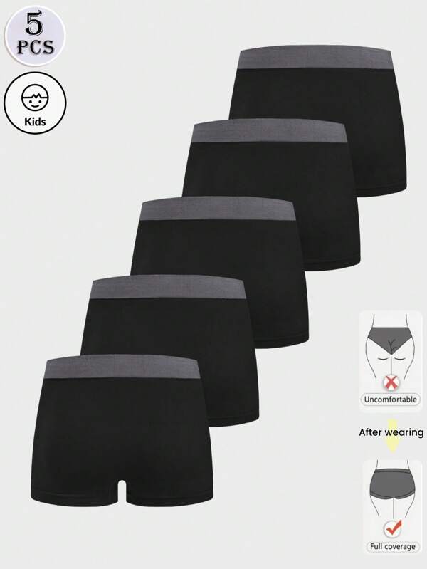 5 Stücke Jungen einfache schwarze Kontrastschrift weiche nahtlose dehnbare Slips, lässiger Sportler Studentenstil Basic Unterwäsche