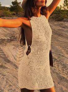 Vestido de cubrecuerpo corto para mujer de verano, estilo bohemio, sexy, con abertura, casual, transparente, sin mangas, de ajuste ceñido y espalda abierta