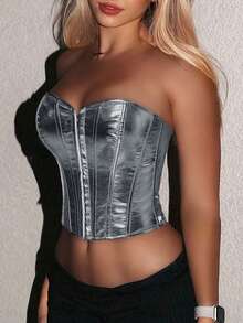 Rave Punk metallisches silbernes Haken und Öse Schnürung rückenfrei PU Leder Korsage Formwäsche Crop Clubwear Tube Top