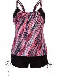 Womens Plus Size Striped Printed Strappy Tankini Top With Shorts Two Pieces Swimsuit - Red Stripes - View 1