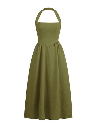 Unadoll Women's Halter Backless Zip-Pleated Casual Elegant Dress-Perfect For Beach Vacations, Dates, Music Festivals, Christmas And Back-To-School Occasions.