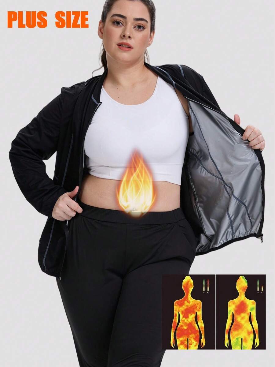 1PC Plus Size Women's Sauna Suit Weight Loss Long Sleeve Zipper Exercise Jacket Gym Sweatshirt - 黑色 - 查看 1