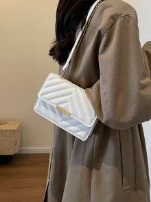 女士时尚纯色及印花宽肩带硬壳手提包/单肩包 - 白色 - 查看 7