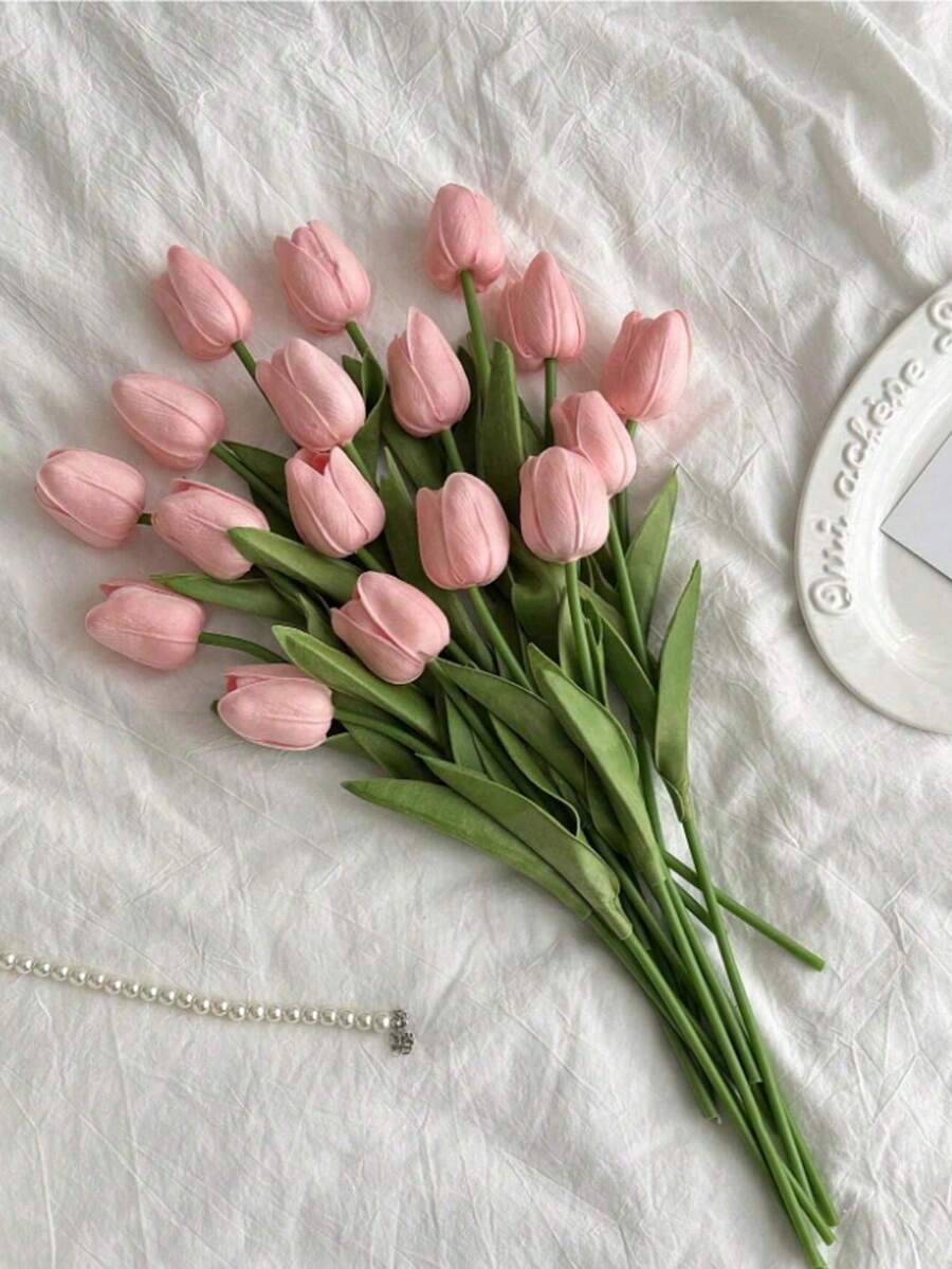 3/10 件人造郁金香花装饰，逼真的假郁金香花束，适用于家庭、办公室、婚礼、派对、花园装饰、客厅、卧室、餐桌、室内室外 - 粉色 - 查看 1