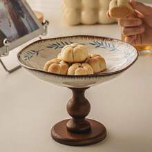 1 Stück chinesische hochwertige Keramik Obstschale im Vintage-Stil, Retro Holz-Hochfuß Obstplatte, Keramik Obstschale für Wohnzimmer, Haushalt Snackplatte, Hochständer Dessert Präsentationsteller, Luxus Trockenobstteller, Dekorative Platte, Restaurant dekorative Obstschale, Flur Aufbewahrungsplatte, Eingangsbereich Schlüsselablage