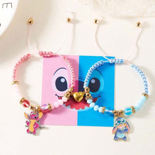 Disney Pulsera de pareja con candado en forma de corazón de Stitch de Disney, pulsera de pareja con ojo de gato de dibujos animados, estilo lindo y elegante, adecuado para uso diario o fiesta, vacaciones - ¡regalo perfecto para el cumpleaños de tu novia/o!