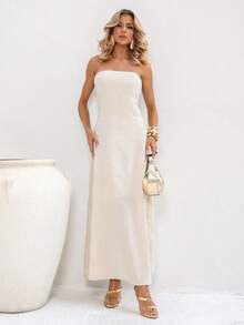 Elegant Strapless Long Linen Dress Linen Wedding Office Holiday Formal And Evening - 米色 - 查看 1