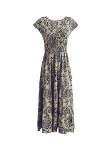New Summer V-Neck Short Sleeve Floral Printed Dress, Lady Elegant Maxi Long Dress - Navy Blue - View 6