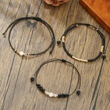 Illusory Conjunto de 3 peças de pulseiras artesanais de cristal preto falso estilo boêmio, pulseiras ajustáveis de contas multicamadas para mulheres, verão