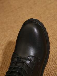 Women's Lace-Up Short Boots, New Spring/Autumn Style, Comfortable Round Toe Flat Outdoor Boots With Side Zipper, Ankle Boots & Booties, Combat Boots, Fall, Winter, Vintage Brown Or Black Leather, All-Match Versatile Boots - Black - View 5