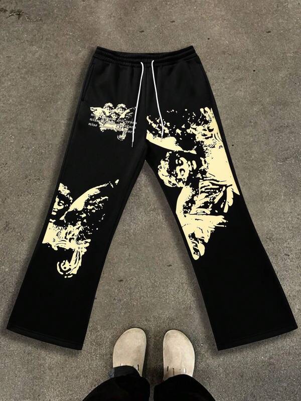 Men's Street Graffiti Hiphop Straight Loose Casual Pants,Drawstring Waist Side Pocket Straight Loose Casual Black Sweatpants,Going Out Long Street Wear Sweatpants, For Husband, Boyfriend Gifts, For Rave, Back To School