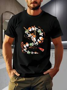 Sushi Dragon Graphic T-Shirt, Men's Crew Neck T-Shirt, 220 G/M², Summer Pure Cotton Short Sleeve (1 Piece) - 黑色 - 查看 1