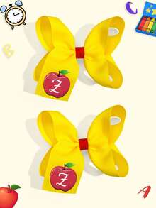 4英吋 26個字母A-Z蘋果開學季女童髮飾蝴蝶結，附夾子，適用節慶派對學校兒童女童髮飾蝴蝶結 - 黃色 - 查看 27
