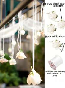 21pcs/42pcs White Rose Waterfall Set With 20 Fake Roses And 1 Roll Of Clear Rope For Wedding Party Decoration Bridal Shower Birthday Room Decoration Supplies, Restaurant Party Roof Decoration
