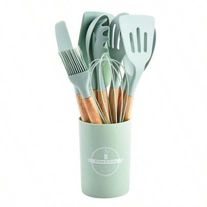 Set di utensili da cucina in silicone da 12 pezzi, antiaderenti, antiscivolo, resistenti alle alte temperature, utensili da cucina, manico in legno, spatola, frusta, utensili da cucina, accessori