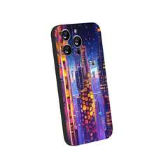The Phone Case Features A Futuristic Cityscape With Tall Skyscrapers Illuminated In Vibrant Hues Of Blue, Purple, And Orange. Prominently, There Are Hexagonal Patterns Resembling Honeycombs And Small Bees Flying Around, Creating A Sci-Fi Atmosphere. 1pc  Phone Case For Apple  16 15 14 13 12 11Plus Pro Max SE Series Phone Case For  Friends, Girlfriends, Boyfriends, Family Or Yourself. - Black - View 3