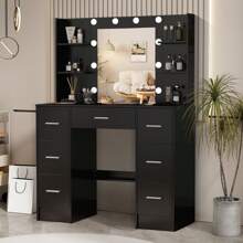 Large Vanity Desk With Lighted Mirror & Drawer Dressing Table LED Lights - Black Dressing Table Set With Drawers And Open Shelves