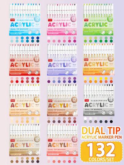 Guangna Dual Tip High-Opacity Acrylic Markers - 132 Colors, 11 Versatile Sets (12/Set), Soft & Chisel Tips For Layering, Blending, Artists & Illustrators,Great For Back To School