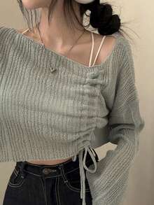 YCYC Women's Korean Style Soft Knit Top With Drawstring Design - Grey - View 4