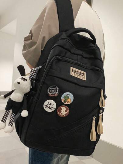 Functional Men's Backpack With Badge & Pendant, Minimalist Solid Color Laptop Bag, Student School Bag