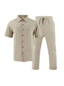 2pcs/Set Men's Linen Outfit, Plain Single-Breasted Short Sleeve Shirt & Trousers, Casual Light Weight Summer Linen Wear For Men, Cozy Outfits