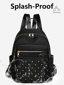 防盗铆钉尼龙背包，女士钱包，多功能时尚日常包，多口袋轻便旅行包，大容量简约背包，便捷背包，适合学生、护士、教师、商务人士、旅行、商务、通勤、购物、办公、约会、徒步、训练、工作，生日礼物、节日礼物，背包 - 卡其色 - 查看 10