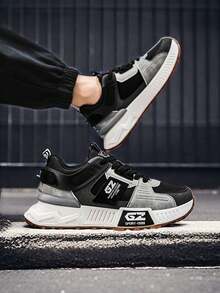 男士时尚厚底撞色厚底运动鞋，透气舒适运动鞋，系带户外跑步鞋 - 黑色 - 查看 4