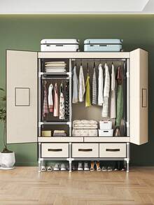 Large Capacity Wardrobe; Magnetic Double-Door; Solid Color Exterior, Modern Minimalist Style, Steel Pipe Assembly Structure Frame, Thicker Pipe Diameter (19mm) Sturdy And Durable, Raised Legs To Store Shoes, Bottom Drawer And Storage Space, Internal Multi-Layer Storage Shelves And Hanging Area, Suitable For Home, Bedroom, Rental, Apartment, Year-Round Clothing Storage Closet Furniture / 112x45x170cm - Multicolor - View 2