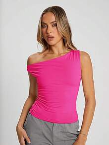 Queen Womens Summer Shoulder Tops Going Out T Shirts Crop Tank Top Fashion Clothes Spring Outfits 2025 Halloween Christmas New Year - Màu hồng tươi sáng - Xem 2