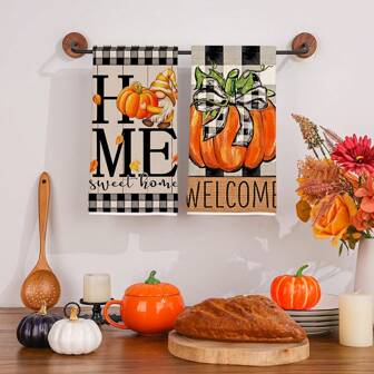 2 件装 Sweet Home 木纹格子南瓜图案厨房毛巾套装，秋季当季洗碗布，简约农舍风格涤纶洗碗布，柔软吸水，厨房和清洁用品，浴室配件，40*60 厘米