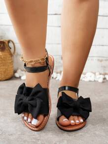 Women's 2025 Summer New Fashion Sweet Style Wide Strap Bow Decor Elastic Ankle Strap Flat Sandals, Soft Sole Comfortable Anti-Slip Suitable For Work And Casual Outfits