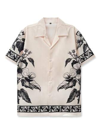 1枚 メンズカジュアル レトロ 花柄シャツ、対称的な花柄、レトロ 花柄プリント、エレメンツ、スプレッドカラー、アウトドア、ビーチリゾートに最適