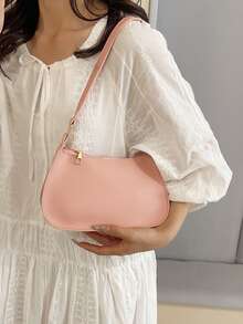 Solid Color Minimalist Zipper Shoulder Bag, Fashionable Crescent-Shaped Bag, Zipper Shoulder Bag Faux Leather Solid Color Wallet Burgundy Lingerie Pouch, Ideal New Year Gift Fashionable Burgundy Lingerie Pouch - Pink - View 6