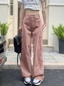 Women's Solid Color Mid-Waist Straight Loose Fit Butterfly Embroidery Casual Jeans