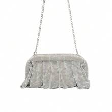 Shiny Rhinestone Metallic Mesh Cloud Shaped Clutch Bag, Pleated Chain Shoulder/Hand Bag For Party/Evening, Suitable For Women - Silver - View 8
