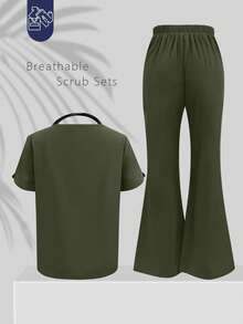 Solid Color V-Neck Short Sleeve Top And Split Leg Pants Nurse Scrub Uniform, Lab/ Center/Veterinary Hospital Work Wear Set With Pockets Spring - Army Green - View 4